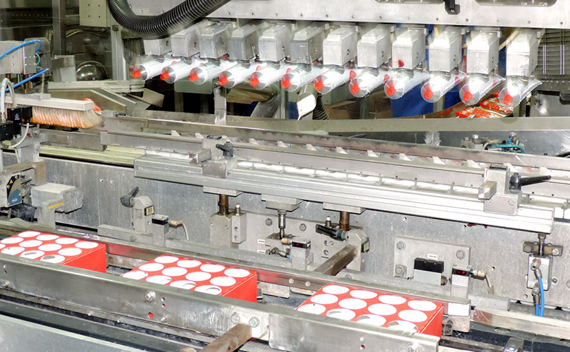Detail of the automatic tube filling machine while filling and closing the tubes of concentrated and double concentrated tomato paste